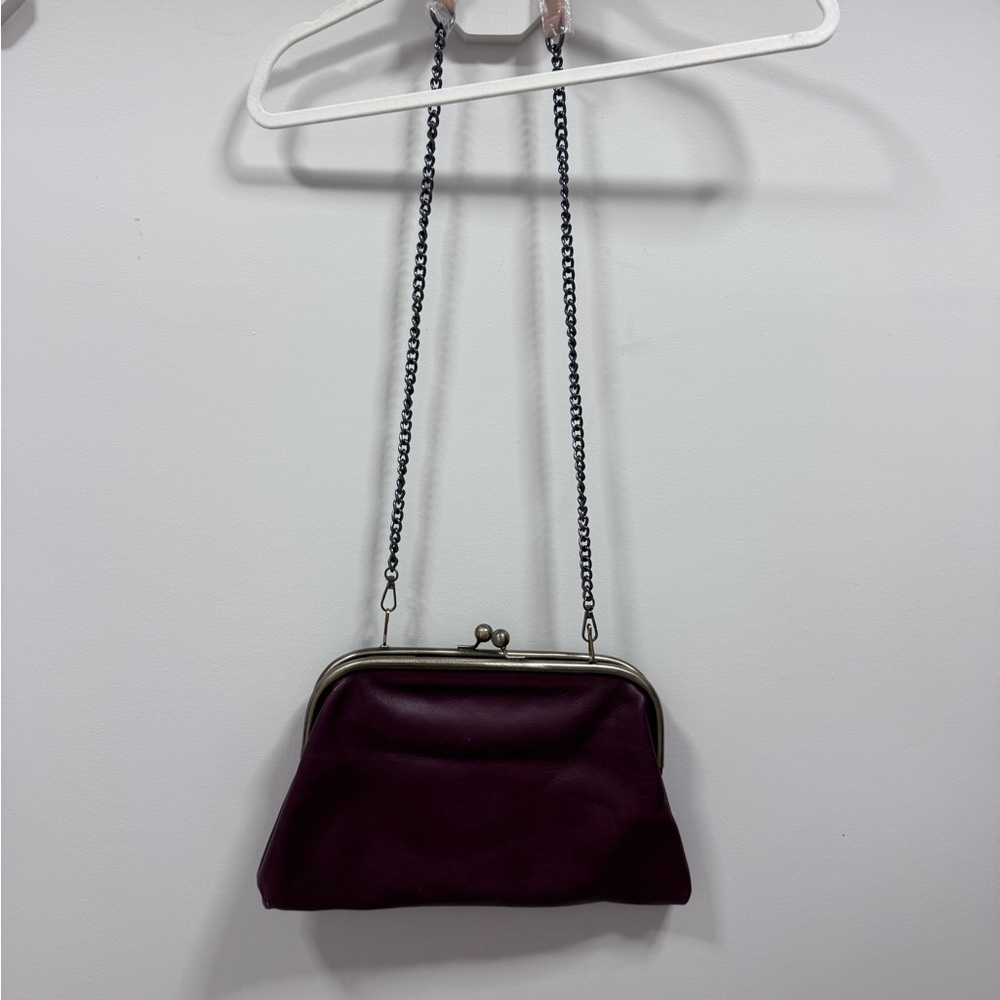 Elegant Burgundy French Leather Clutch with chain strap.
